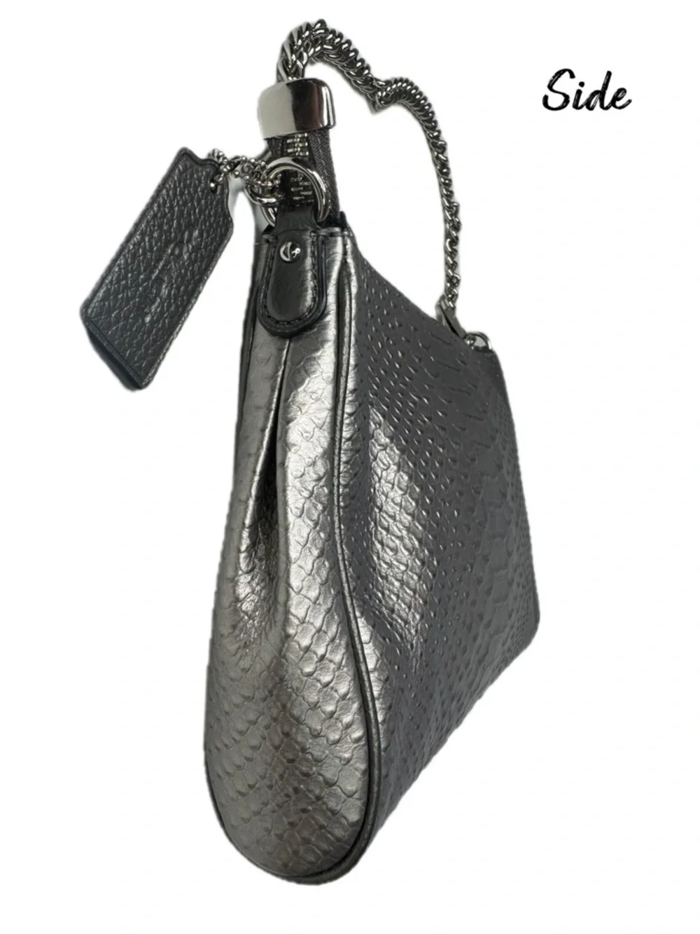 Coach Carrie Python Embossed Leather F35059 Pewter Silver Gunmetal Chain Bag